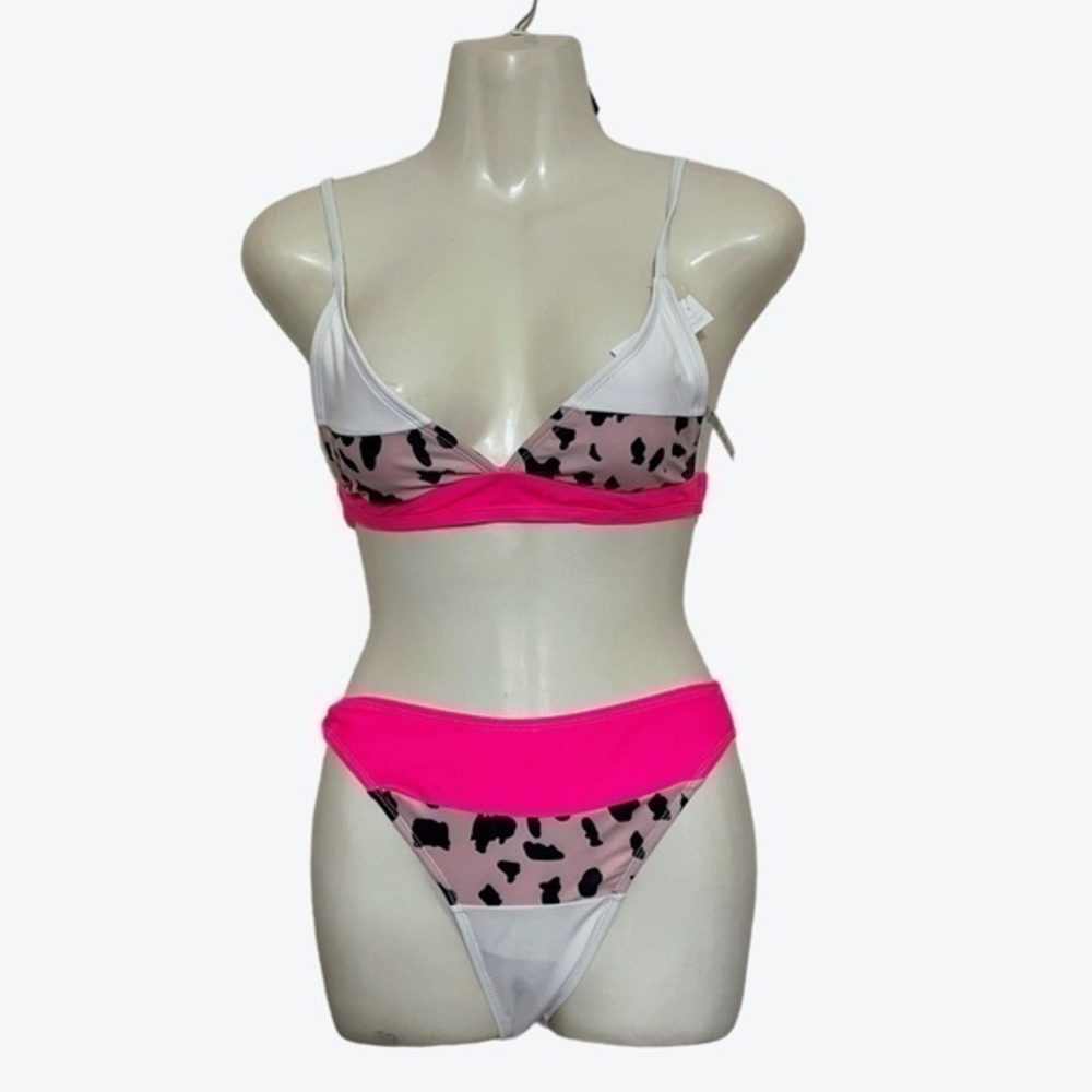 Unbranded Rose Color Block Leopard V Neck Backless 2 Piece Bikini Set Size S
